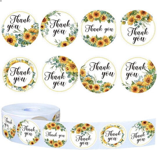 1000Pcs Sunflower Stickers, Baby Shower Thank You Stickers in Roll, Bridal Shower Wedding Favor Decal Stickers, Sun Flowers Round Decal Labels for Spring Summer Party Envelope Baking Bag